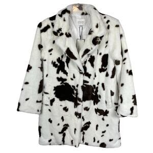 Stoosh Cow Print Faux Fur Coat Size Large Brown & White Soft Fun Aspen Chic NEW